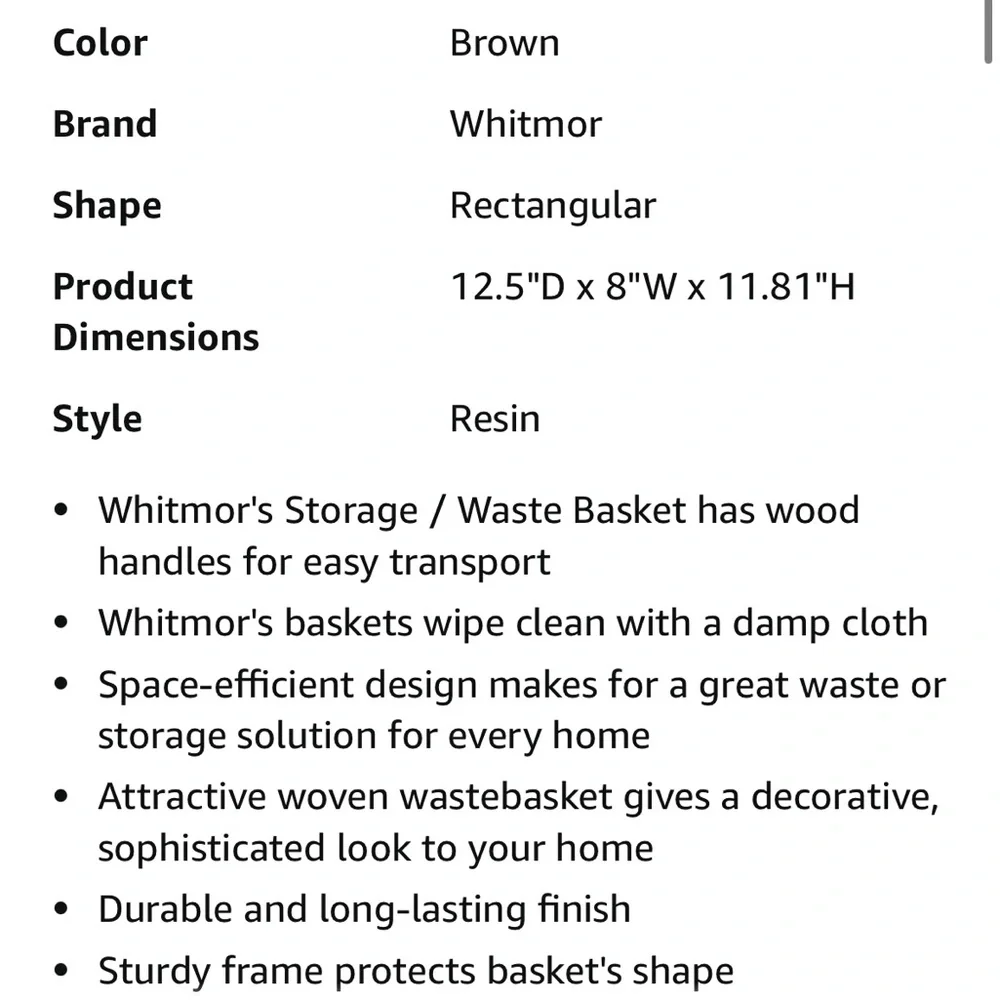 WHITMOR NWT wastebasket with wood handles -11.81”